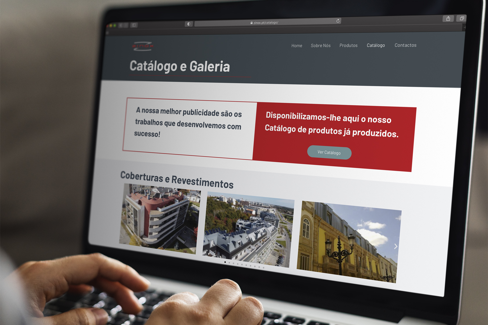 Website Zinox com catálogo de produtos e galeria de fotografias.