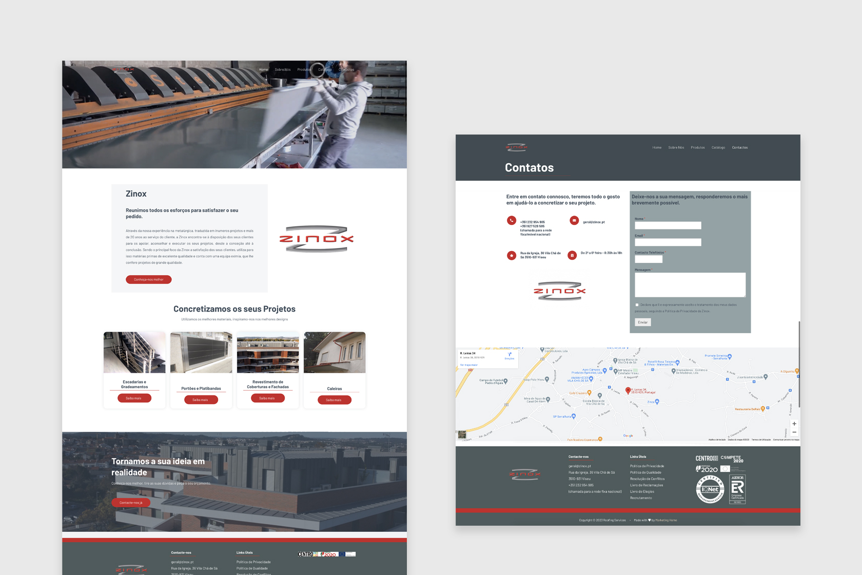 Website Zinox com contactos e integração de Google Maps.